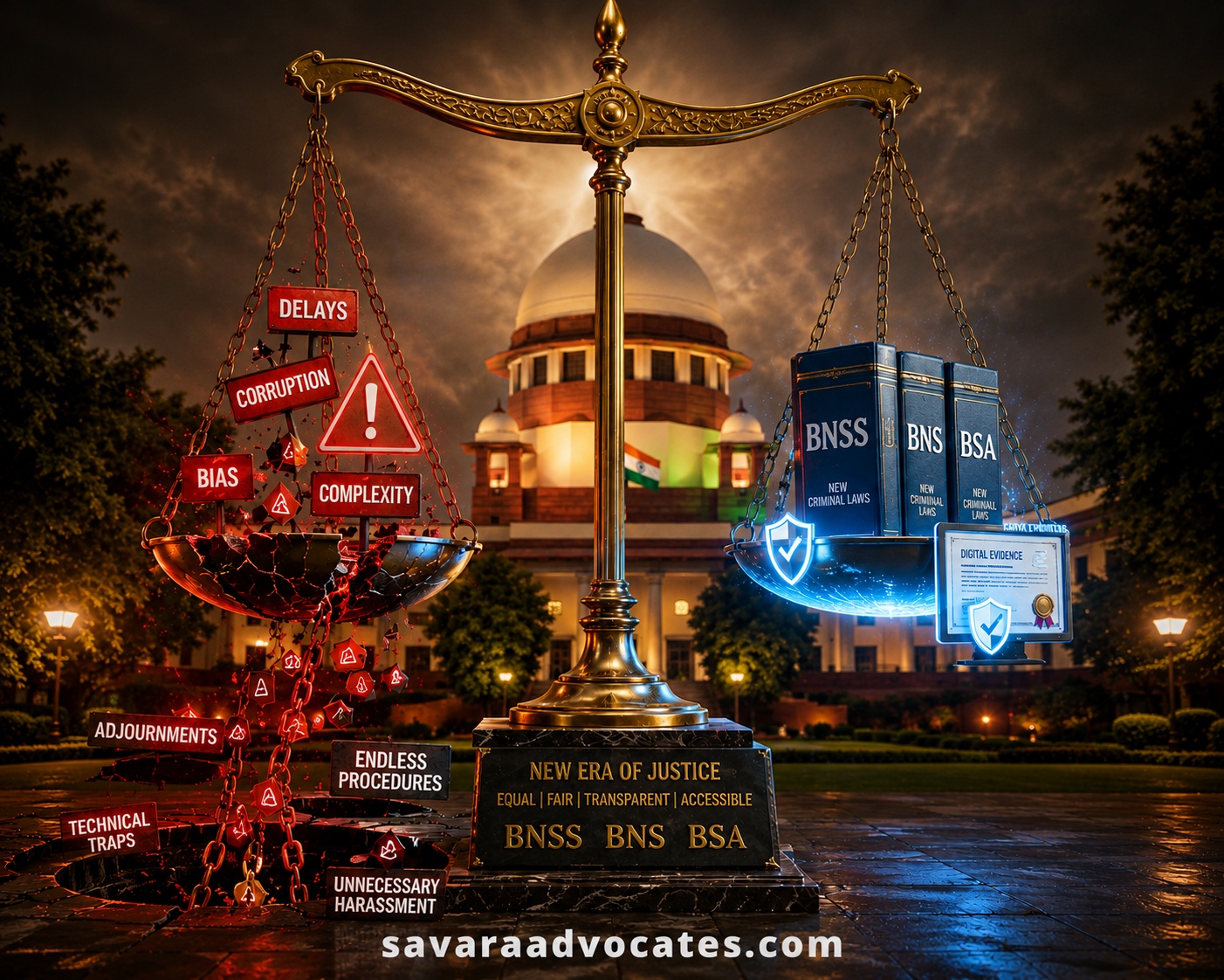 Golden scales of justice with BNSS, BNS and BSA law books in front of the Indian Supreme Court, highlighting legal awareness, legal pitfalls, and the new criminal laws of India.