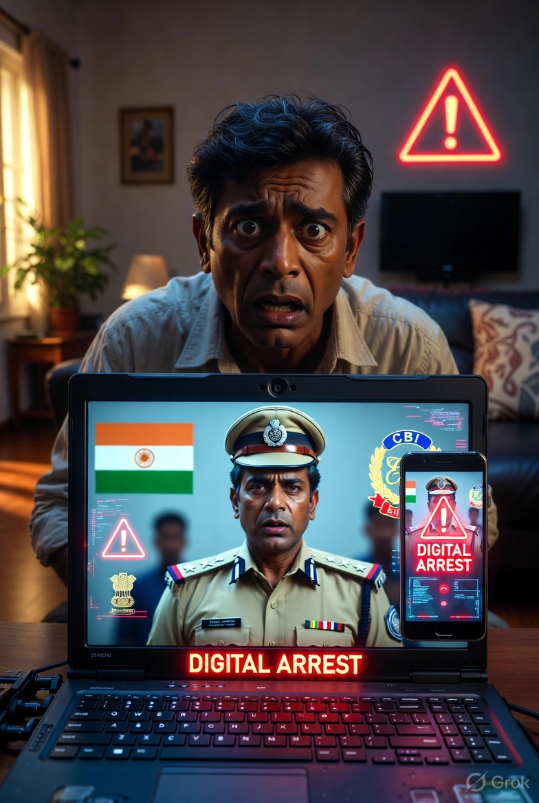 a shocked middle-aged Indian man in his living room facing a fake digital arrest video call on his laptop. A scammer dressed as a police officer appears on the screen with fake CBI/ED background, Indian flag, and warning signs. Red neon "DIGITAL ARREST" text highlights the cyber fraud.