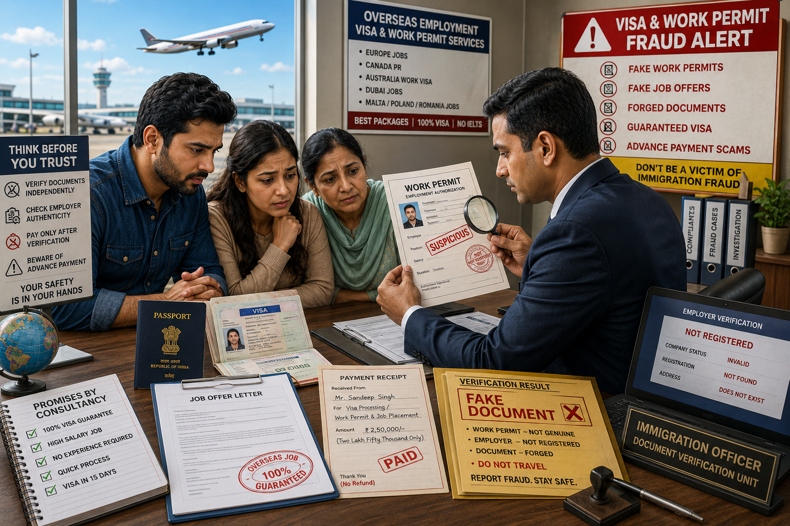 South Asian family discovers a fake work permit during immigration document verification, with an immigration officer checking a suspicious visa, job offer letter, passport, payment receipt and employer details.